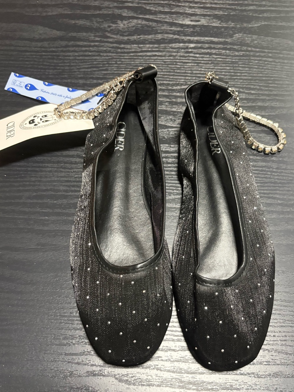 Cider Black Sparkle Ballet Flats with Rhinestone Ankle Chain